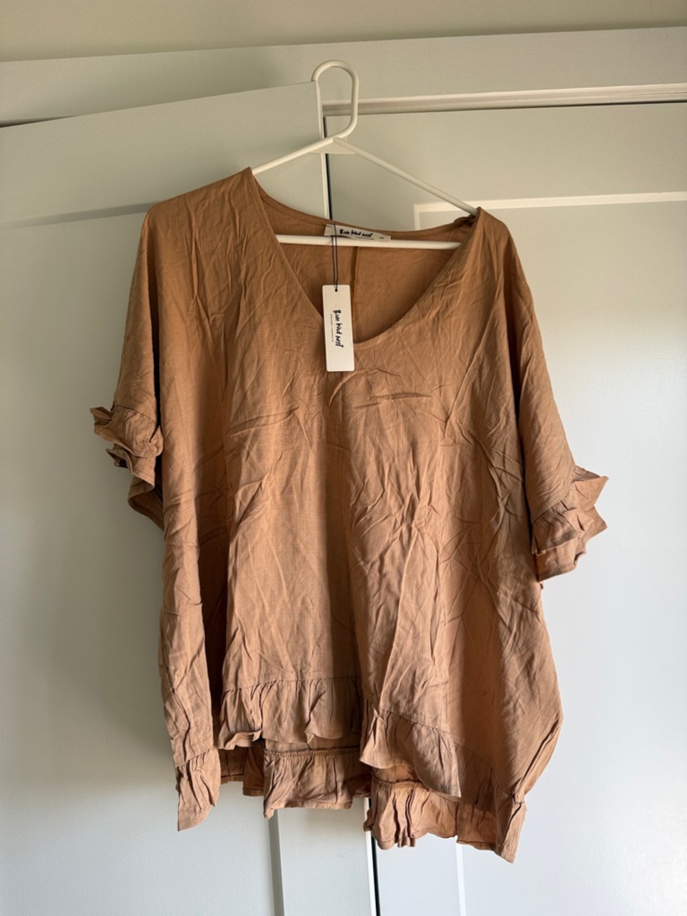 Three Bird Nest Brown Ruffle-Sleeve Tunic